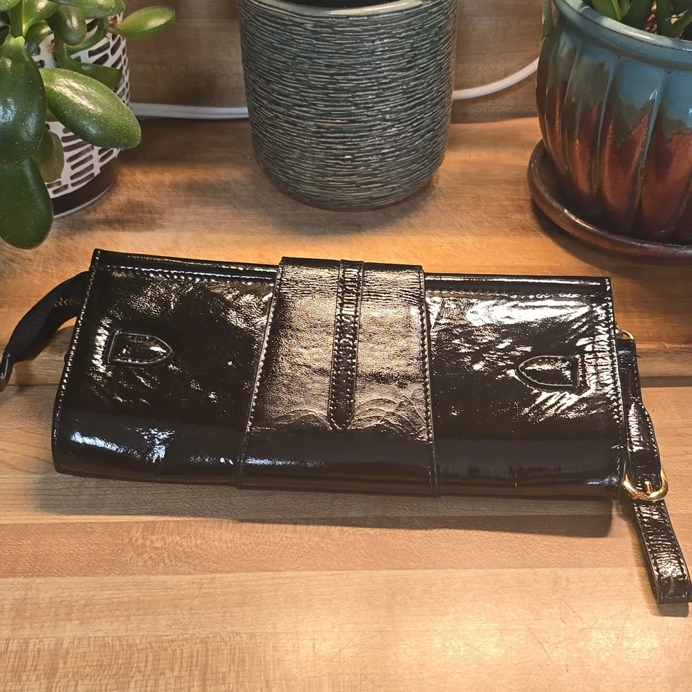 JIMMY CHOO TULITA  Crunch Black Patent  Leather Clutch/Wristlet - Picture 3 of 6
